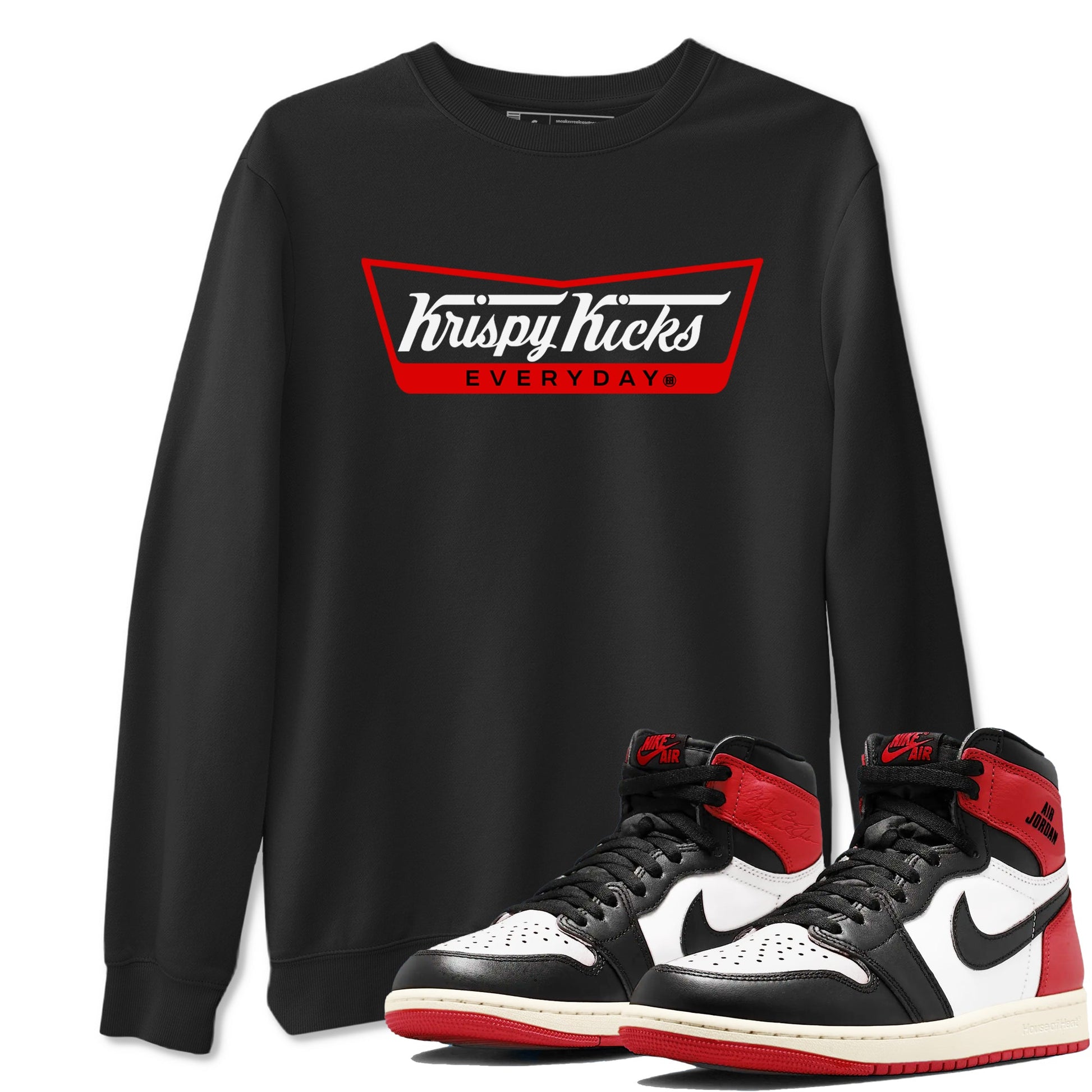 1s Black Toe Reimagined shirts to match jordans Krispy Kicks sneaker match tees Air Jordan 1 Black Toe Reimagined SNRT Sneaker Tees streetwear brand Black 1 unisex cotton tee