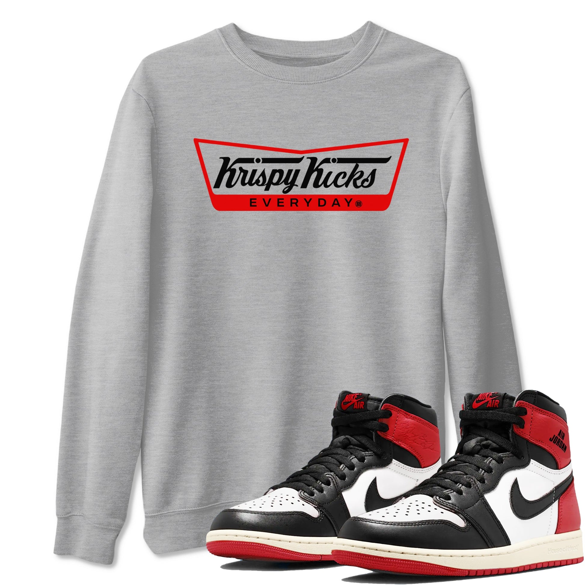 1s Black Toe Reimagined shirts to match jordans Krispy Kicks sneaker match tees Air Jordan 1 Black Toe Reimagined SNRT Sneaker Tees streetwear brand Heather Grey 1 unisex cotton tee