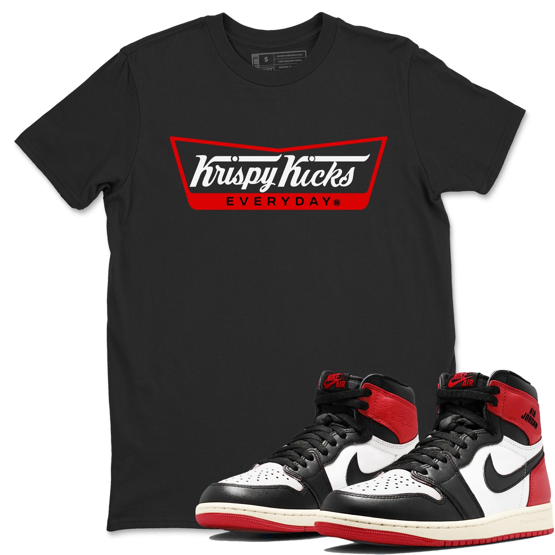 1s Black Toe Reimagined shirts to match jordans Krispy Kicks sneaker match tees Air Jordan 1 Black Toe Reimagined SNRT Sneaker Tees streetwear brand Black 1 unisex cotton tee