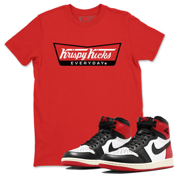 1s Black Toe Reimagined shirts to match jordans Krispy Kicks sneaker match tees Air Jordan 1 Black Toe Reimagined SNRT Sneaker Tees streetwear brand Red 1 unisex cotton tee