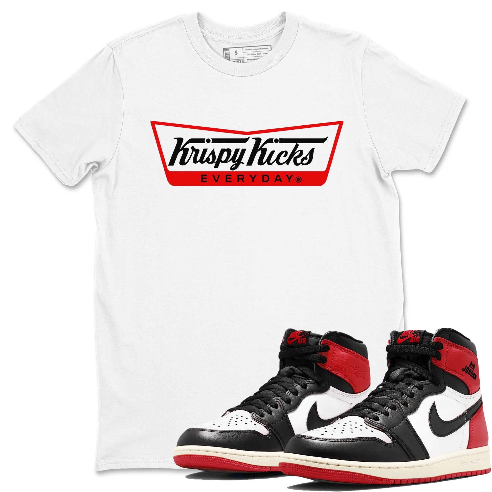 1s Black Toe Reimagined shirts to match jordans Krispy Kicks sneaker match tees Air Jordan 1 Black Toe Reimagined SNRT Sneaker Tees streetwear brand White 1 unisex cotton tee