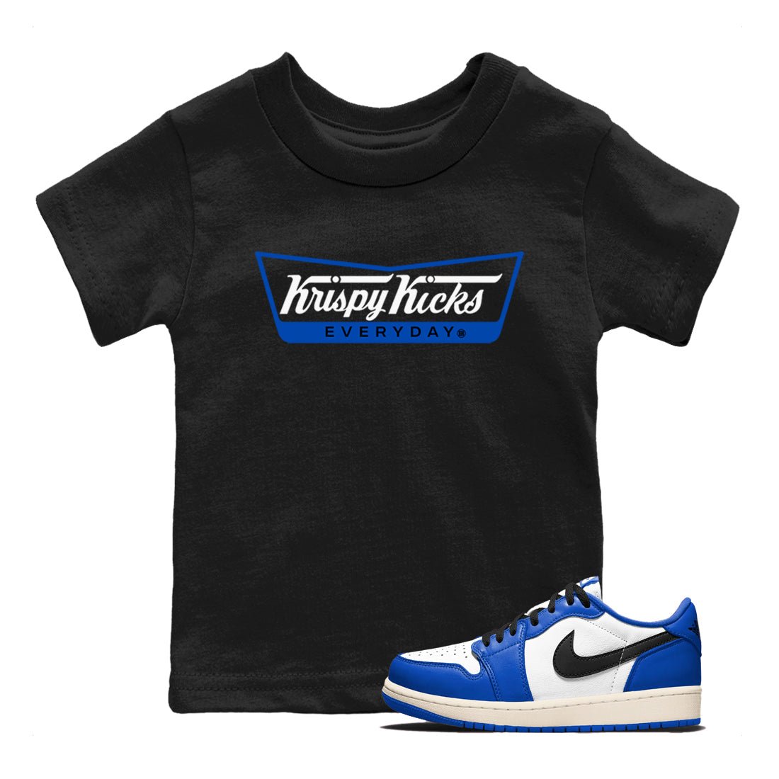 1s Game Royal shirts to match jordans Krispy Kicks sneaker match tees Air Jordan 1 Retro Low OG Game Royal match shoes to clothes SNRT Sneaker Tees Youth Baby Black 1 tee