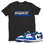 1s Game Royal shirts to match jordans Krispy Kicks sneaker match tees Air Jordan 1 Retro Low OG Game Royal match shoes to clothes SNRT Sneaker Tees unisex cotton Black 1 shirts