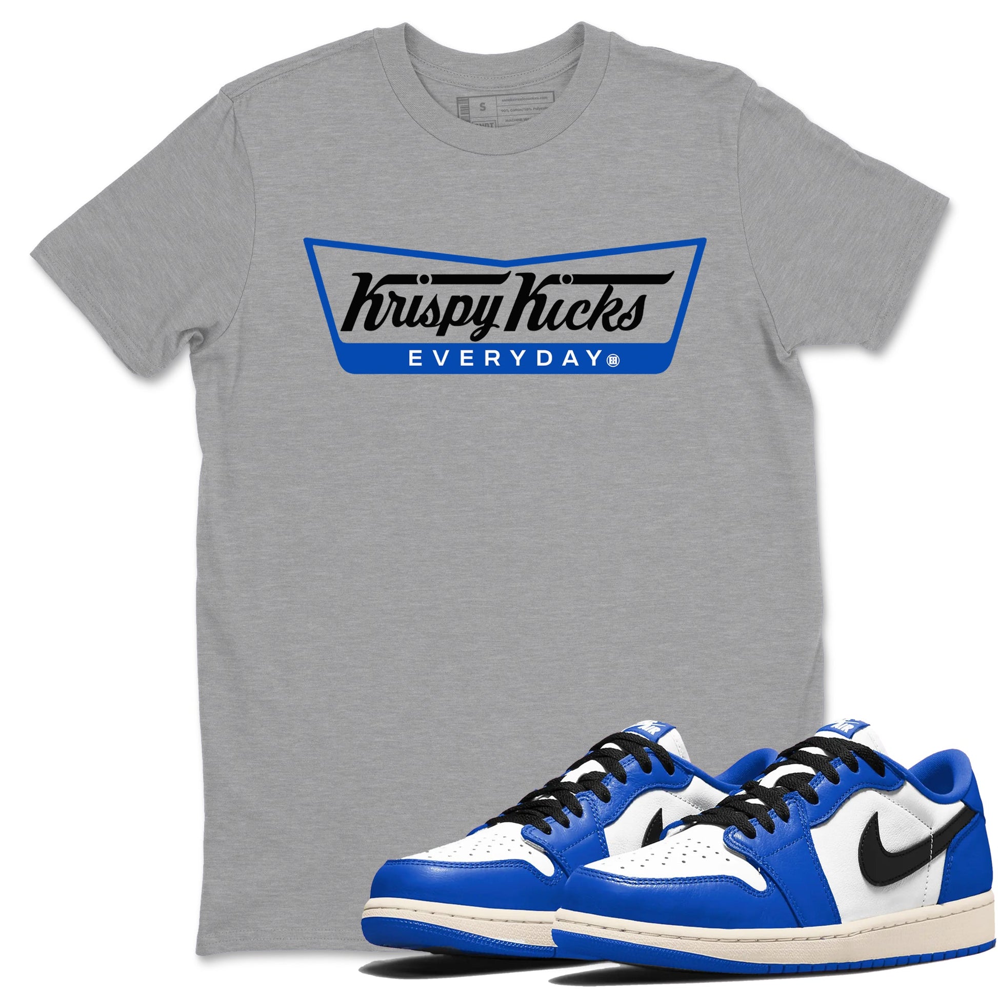 1s Game Royal shirts to match jordans Krispy Kicks sneaker match tees Air Jordan 1 Retro Low OG Game Royal match shoes to clothes SNRT Sneaker Tees unisex cotton Heather Grey 1 shirts