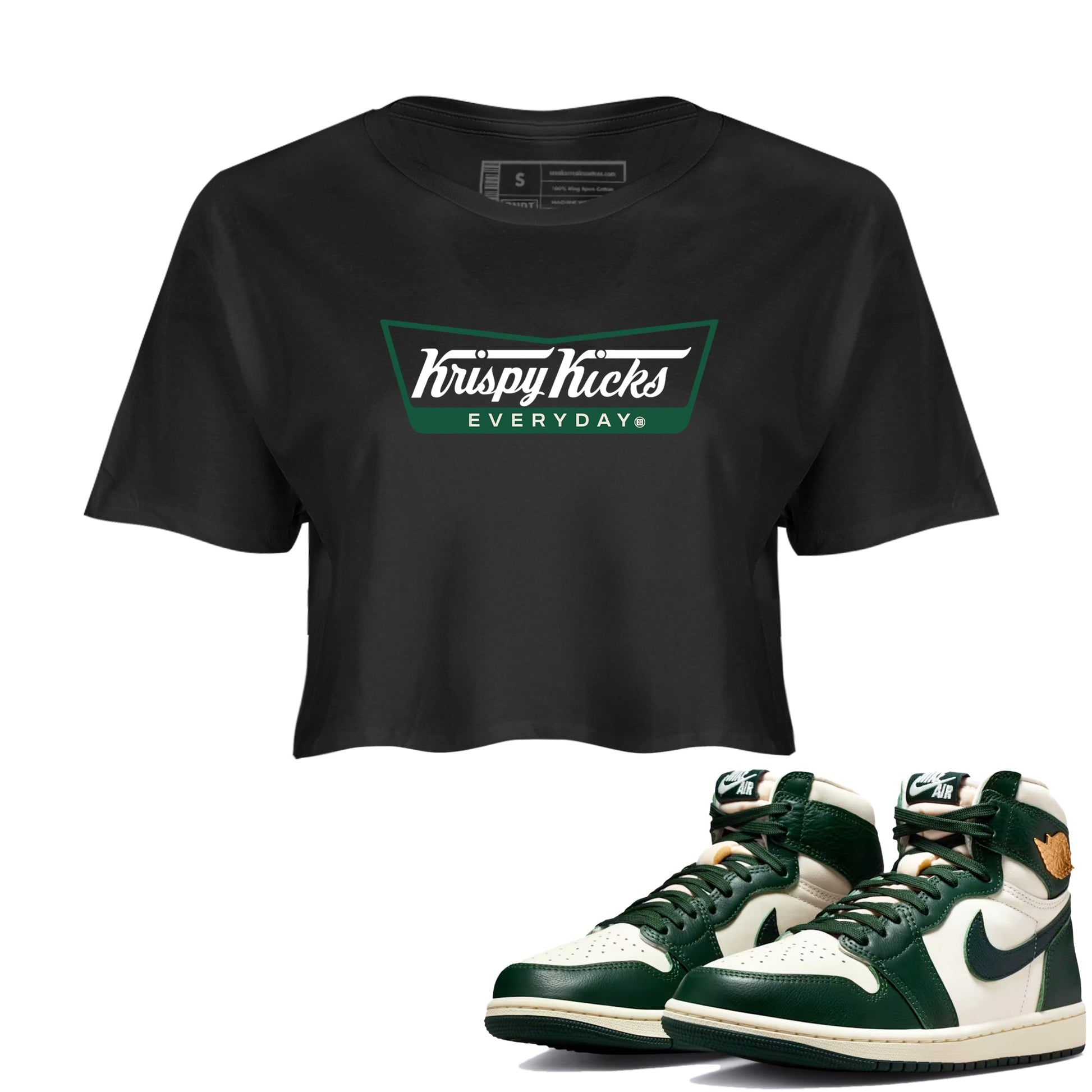 Sneaker Threads – Sneaker Tees To Match Air Jordan 1 Pro Green – Krispy Kicks Crop Tee Black 1. Perfect for Jordan releases 2025 colorways.