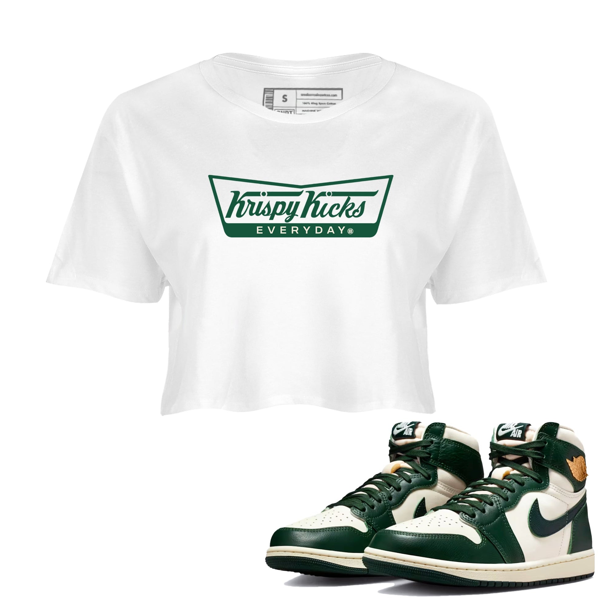 Sneaker Threads – Sneaker Tees To Match Air Jordan 1 Pro Green – Krispy Kicks Crop Tee White 1. Perfect for Jordan releases 2025 colorways.