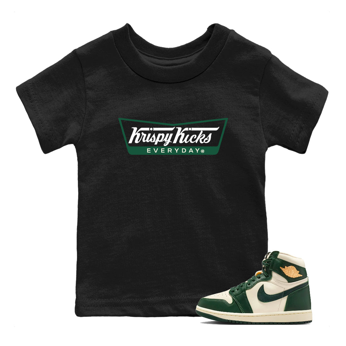 Sneaker Threads – Sneaker Tees To Match Air Jordan 1 Pro Green – Krispy Kicks Youth Graphic Tee Black 1. Perfect for Jordan releases 2025 colorways.