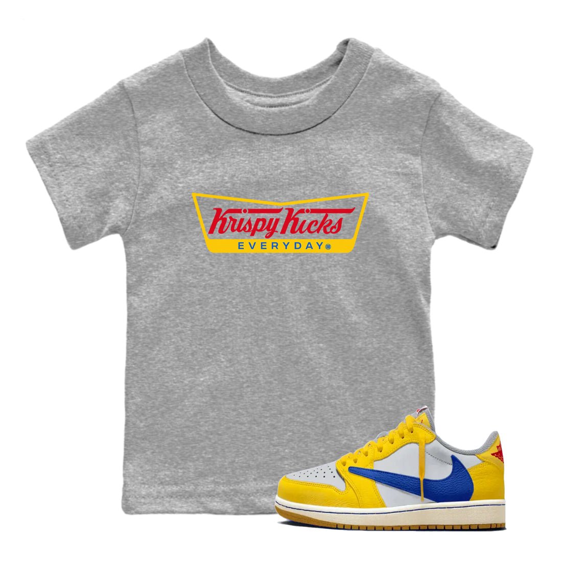 Air Jordan 1 Low x Travis Scott x Canary shirts to match jordans Krispy Kicks sneaker match tees Travis Scott Canary SNRT Sneaker Release Tees Youth Baby Heather Grey 1 crew neck shirts