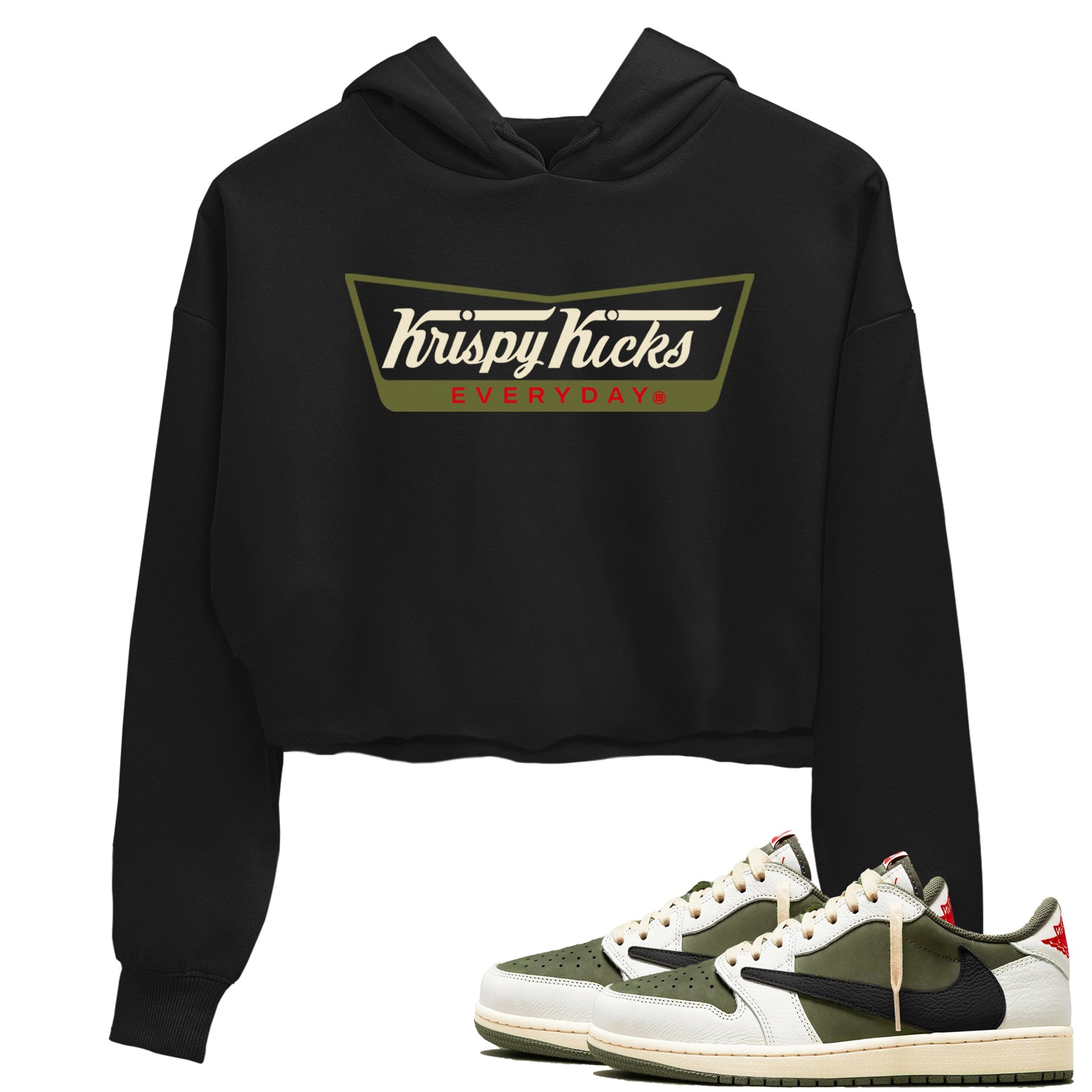 1s Travis Scott Medium Olive shirts to match jordans Krispy Kicks sneaker match tees Air Jordan 1 Travis Scott Medium Olive SNRT Sneaker Tees streetwear brand Black 1 crop tee