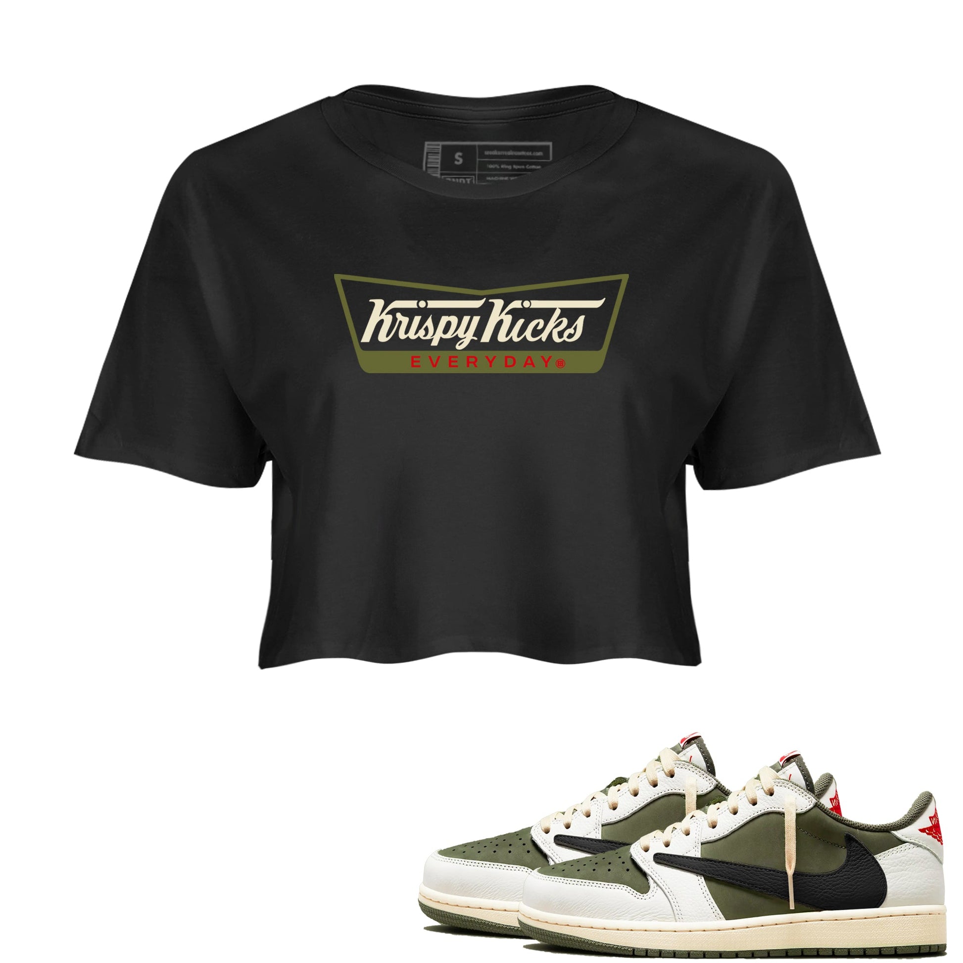 1s Travis Scott Medium Olive shirts to match jordans Krispy Kicks sneaker match tees Air Jordan 1 Travis Scott Medium Olive SNRT Sneaker Tees streetwear brand Black 1 crop tee