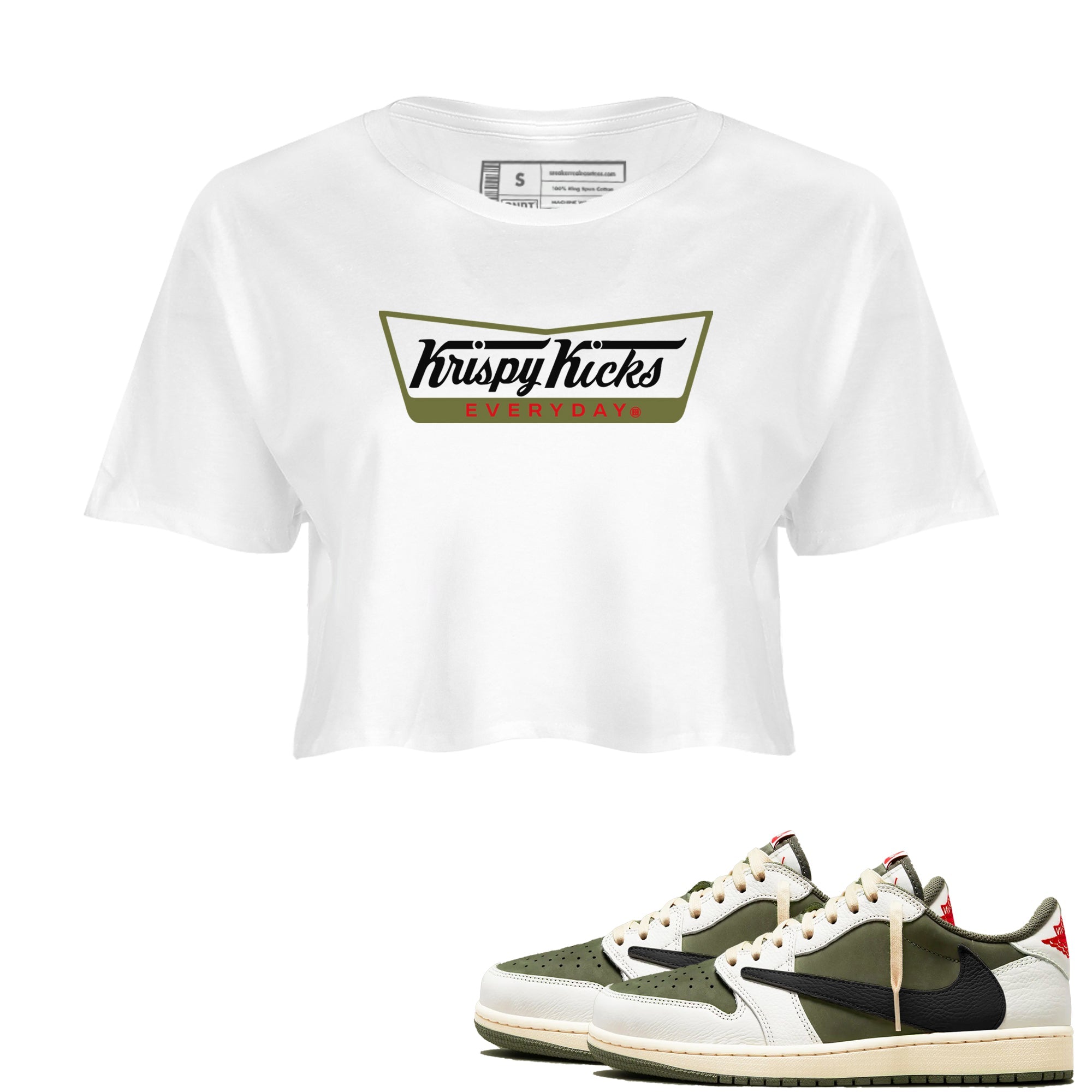 1s Travis Scott Medium Olive shirts to match jordans Krispy Kicks sneaker match tees Air Jordan 1 Travis Scott Medium Olive SNRT Sneaker Tees streetwear brand White 1 crop tee