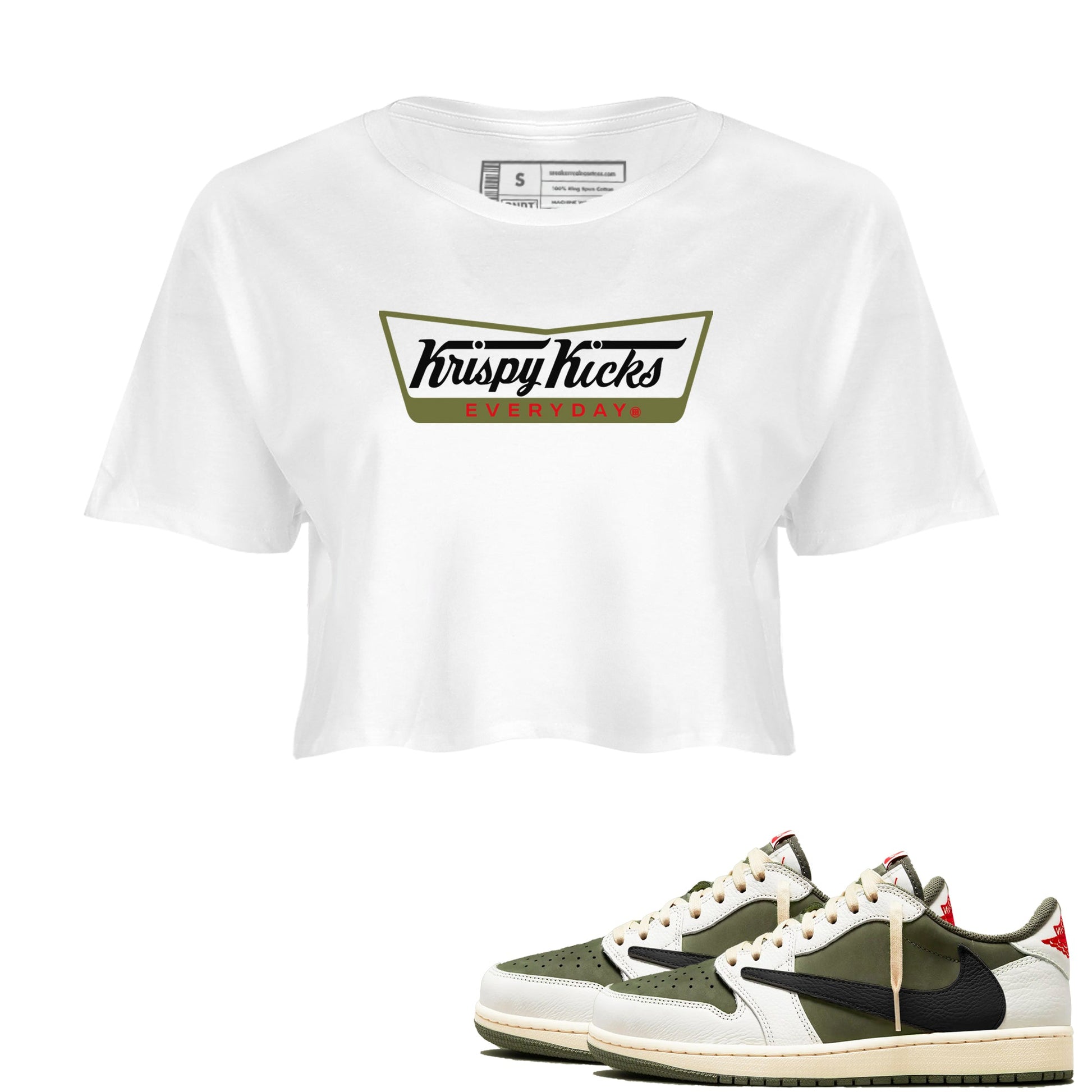 1s Travis Scott Medium Olive shirts to match jordans Krispy Kicks sneaker match tees Air Jordan 1 Travis Scott Medium Olive SNRT Sneaker Tees streetwear brand White 1 crop tee