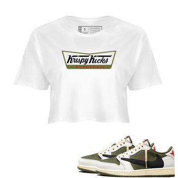 1s Travis Scott Medium Olive shirts to match jordans Krispy Kicks sneaker match tees Air Jordan 1 Travis Scott Medium Olive SNRT Sneaker Tees streetwear brand White 1 crop tee