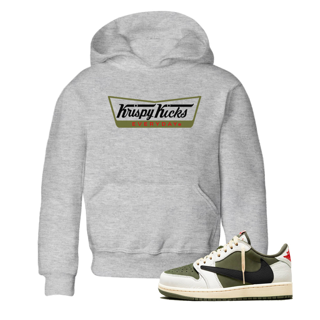 1s Travis Scott Medium Olive shirts to match jordans Krispy Kicks sneaker match tees Air Jordan 1 Travis Scott Medium Olive SNRT Sneaker Tees streetwear brand Baby and Youth Heather Grey 1 cotton tee