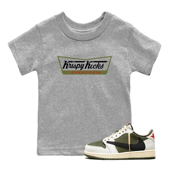 1s Travis Scott Medium Olive shirts to match jordans Krispy Kicks sneaker match tees Air Jordan 1 Travis Scott Medium Olive SNRT Sneaker Tees streetwear brand Baby and Youth Heather Grey 1 cotton tee