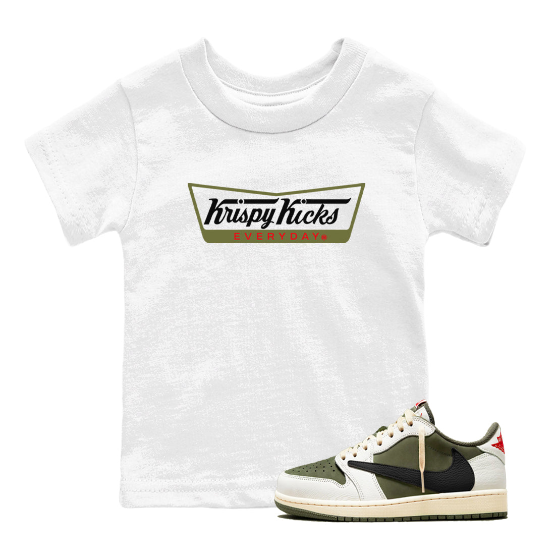 1s Travis Scott Medium Olive shirts to match jordans Krispy Kicks sneaker match tees Air Jordan 1 Travis Scott Medium Olive SNRT Sneaker Tees streetwear brand Baby and Youth White 1 cotton tee
