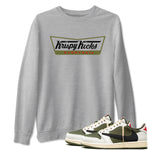 1s Travis Scott Medium Olive shirts to match jordans Krispy Kicks sneaker match tees Air Jordan 1 Travis Scott Medium Olive SNRT Sneaker Tees streetwear brand Heather Grey 1 unisex cotton tee