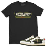 1s Travis Scott Medium Olive shirts to match jordans Krispy Kicks sneaker match tees Air Jordan 1 Travis Scott Medium Olive SNRT Sneaker Tees streetwear brand Black 1 unisex cotton tee