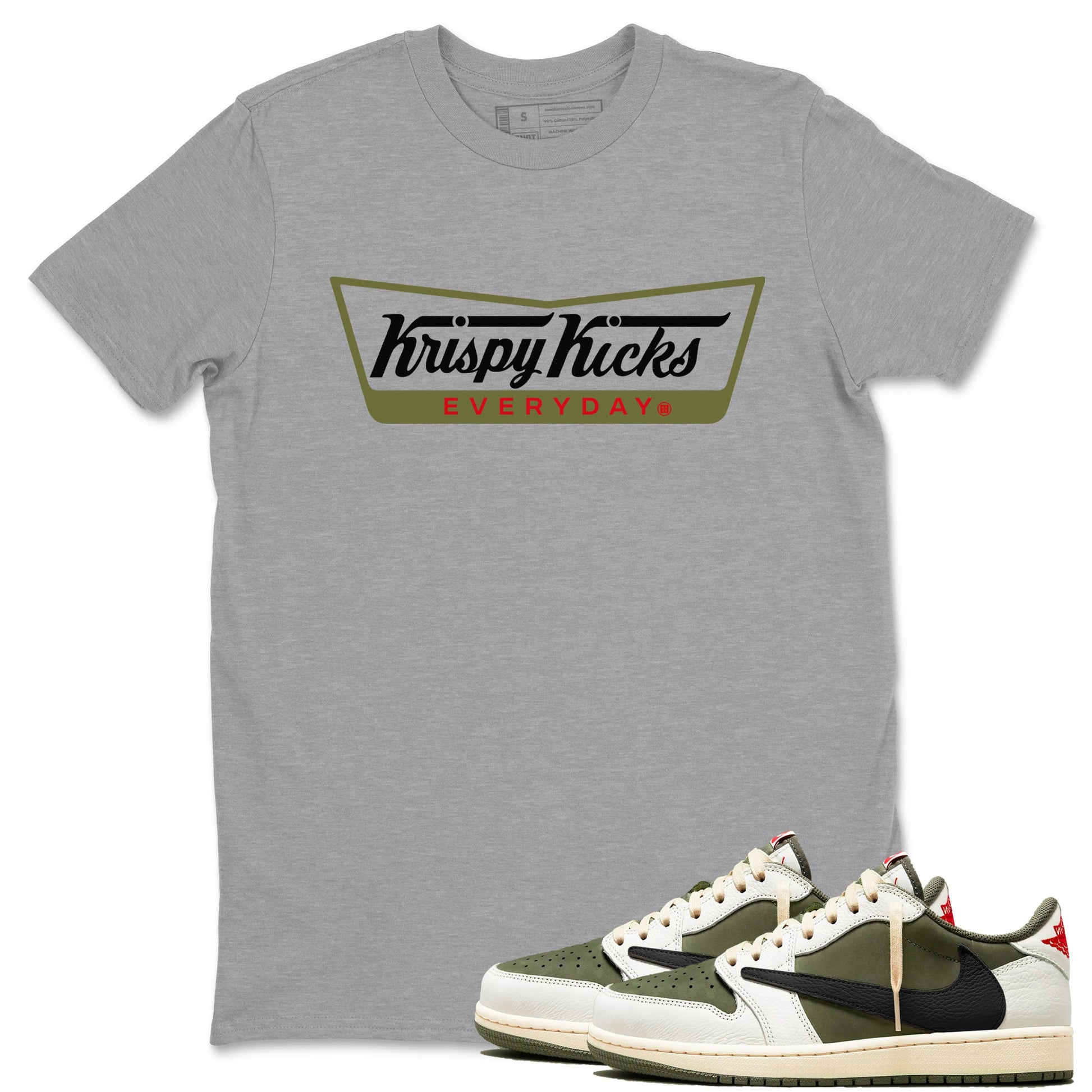 1s Travis Scott Medium Olive shirts to match jordans Krispy Kicks sneaker match tees Air Jordan 1 Travis Scott Medium Olive SNRT Sneaker Tees streetwear brand Heather Grey 1 unisex cotton tee