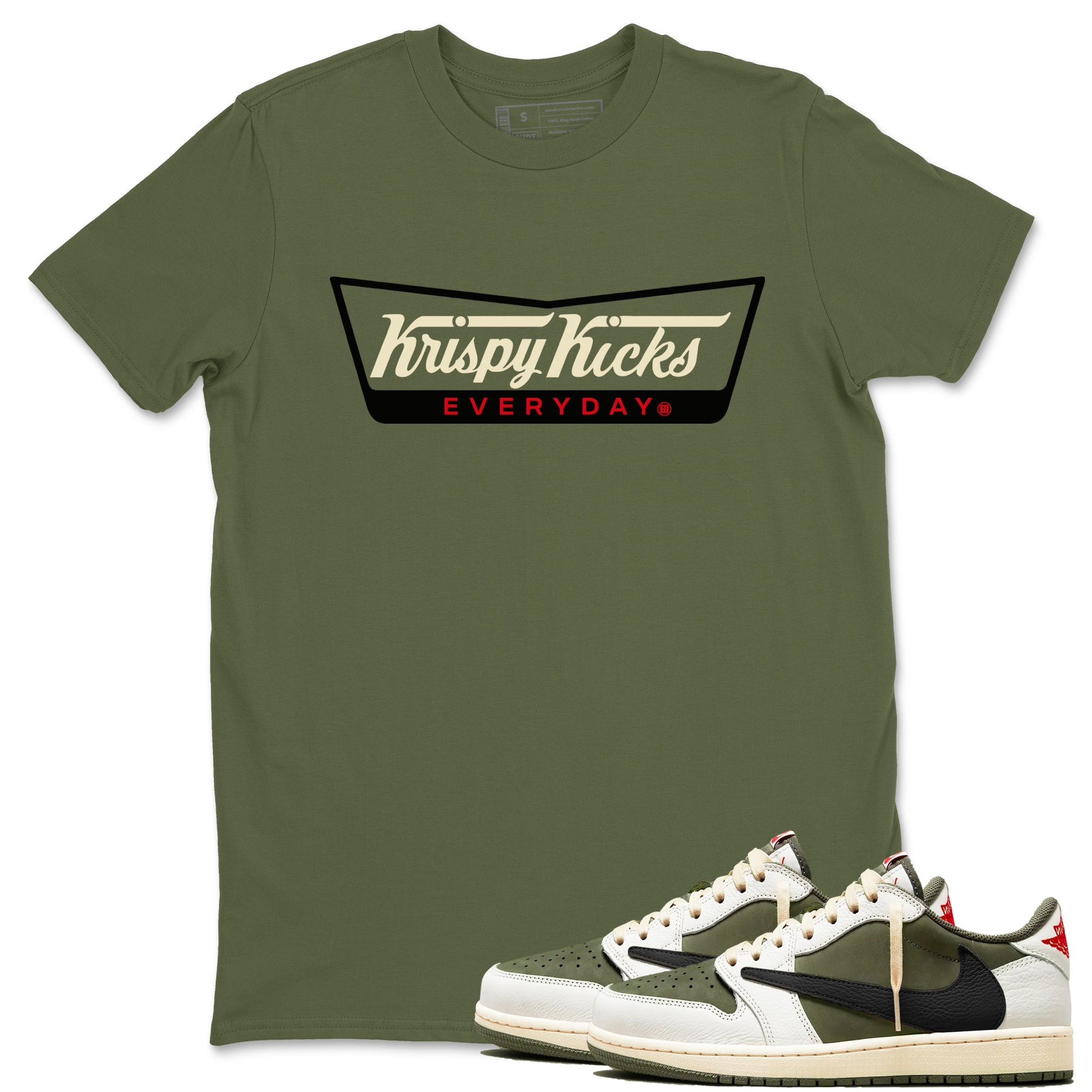 1s Travis Scott Medium Olive shirts to match jordans Krispy Kicks sneaker match tees Air Jordan 1 Travis Scott Medium Olive SNRT Sneaker Tees streetwear brand Military Green 1 unisex cotton tee