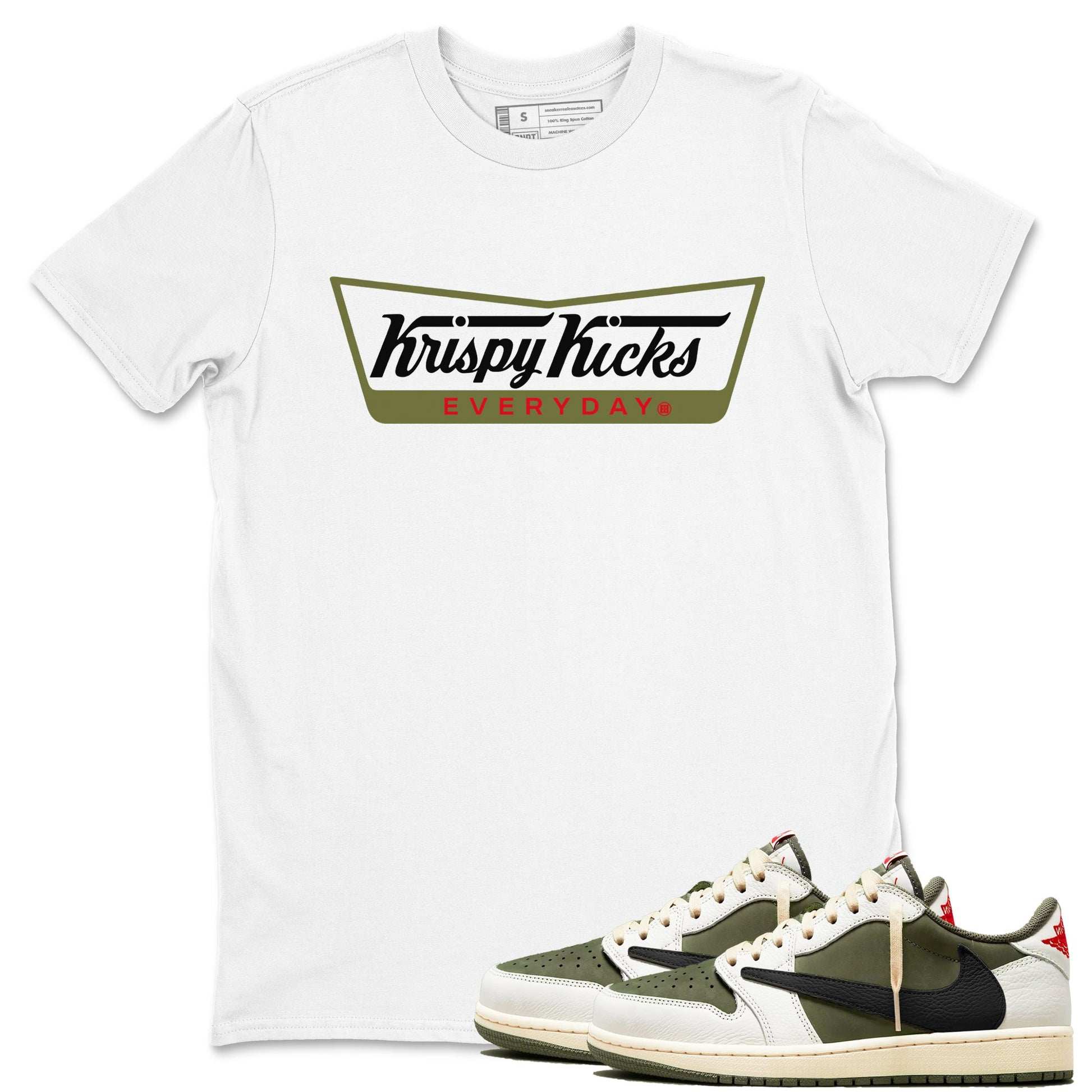 1s Travis Scott Medium Olive shirts to match jordans Krispy Kicks sneaker match tees Air Jordan 1 Travis Scott Medium Olive SNRT Sneaker Tees streetwear brand White 1 unisex cotton tee