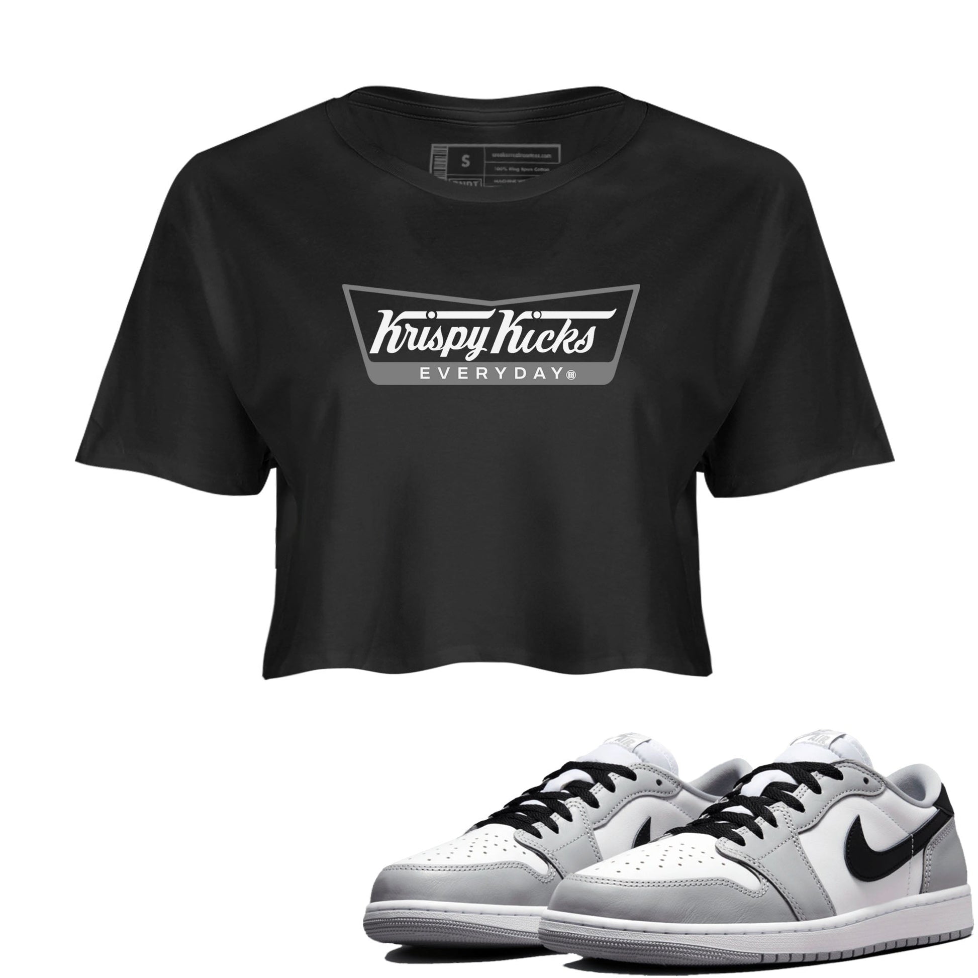 1s Wolf Grey shirts to match jordans Krispy Kicks sneaker match tees Air Jordan 1 Wolf Grey SNRT Sneaker Tees streetwear brand Black 1 crop tee