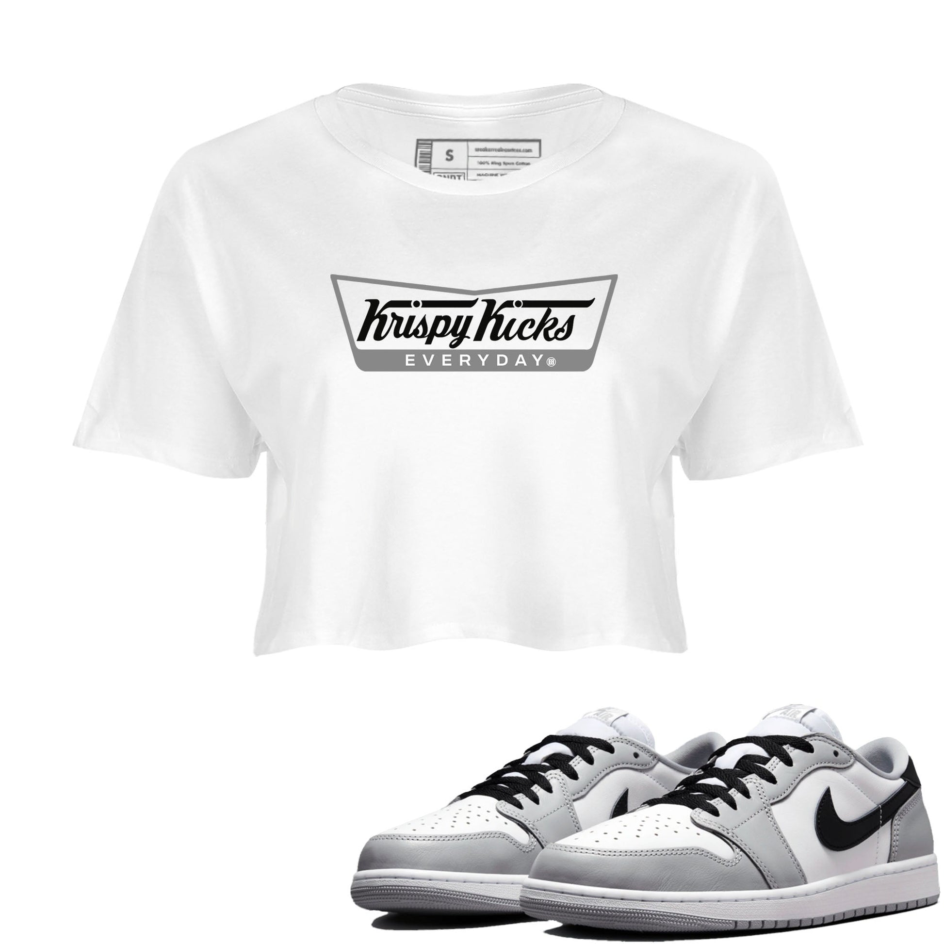1s Wolf Grey shirts to match jordans Krispy Kicks sneaker match tees Air Jordan 1 Wolf Grey SNRT Sneaker Tees streetwear brand White 1 crop tee