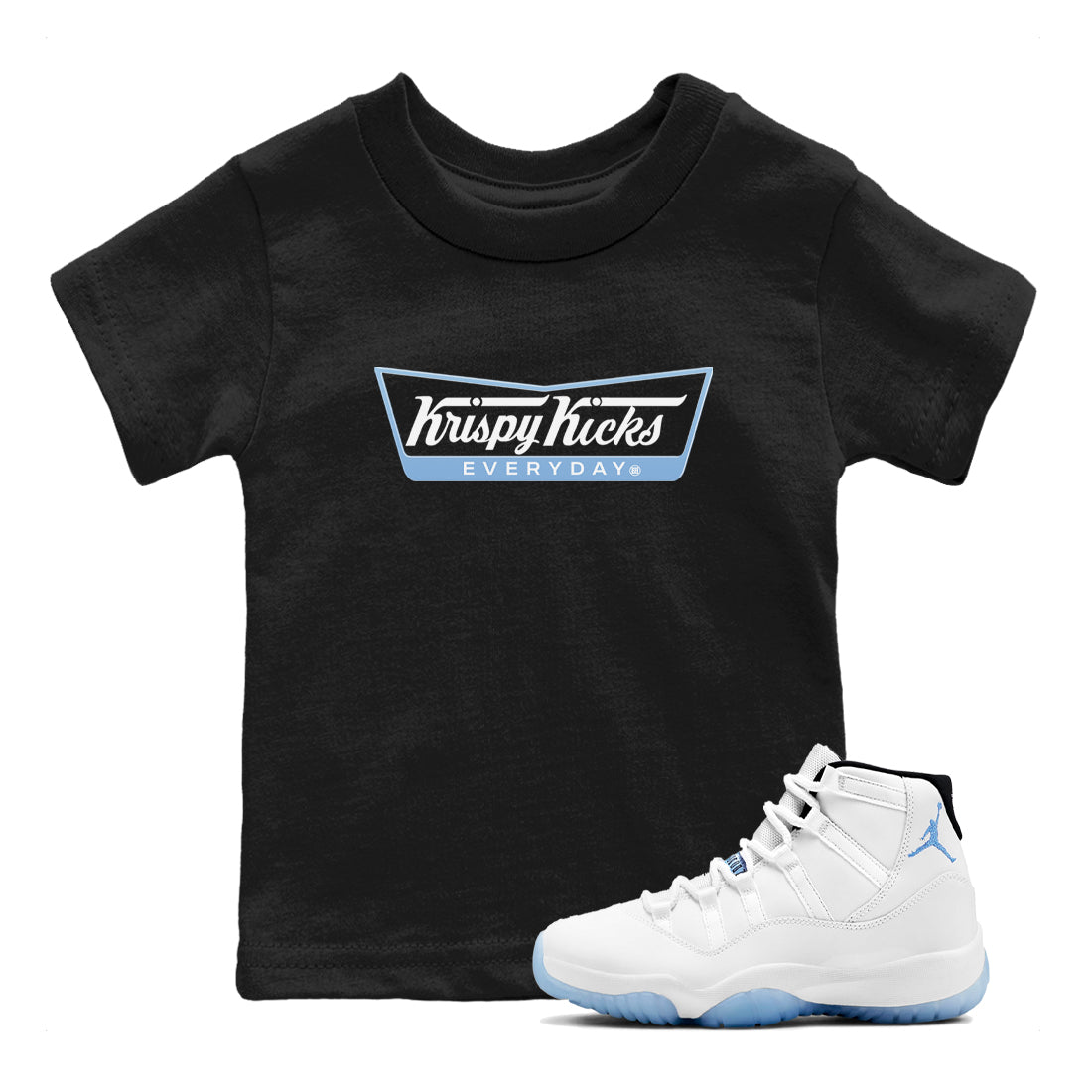 11s Legend Blue shirts to match jordans Krispy Kicks sneaker match tees Air Jordan 11 Legend Blue SNRT Sneaker Release Tees Youth Baby Black 1 crew neck shirts