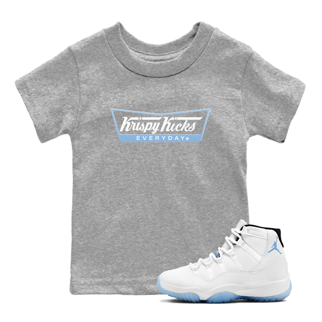 11s Legend Blue shirts to match jordans Krispy Kicks sneaker match tees Air Jordan 11 Legend Blue SNRT Sneaker Release Tees Youth Baby Heather Grey 1 crew neck shirts
