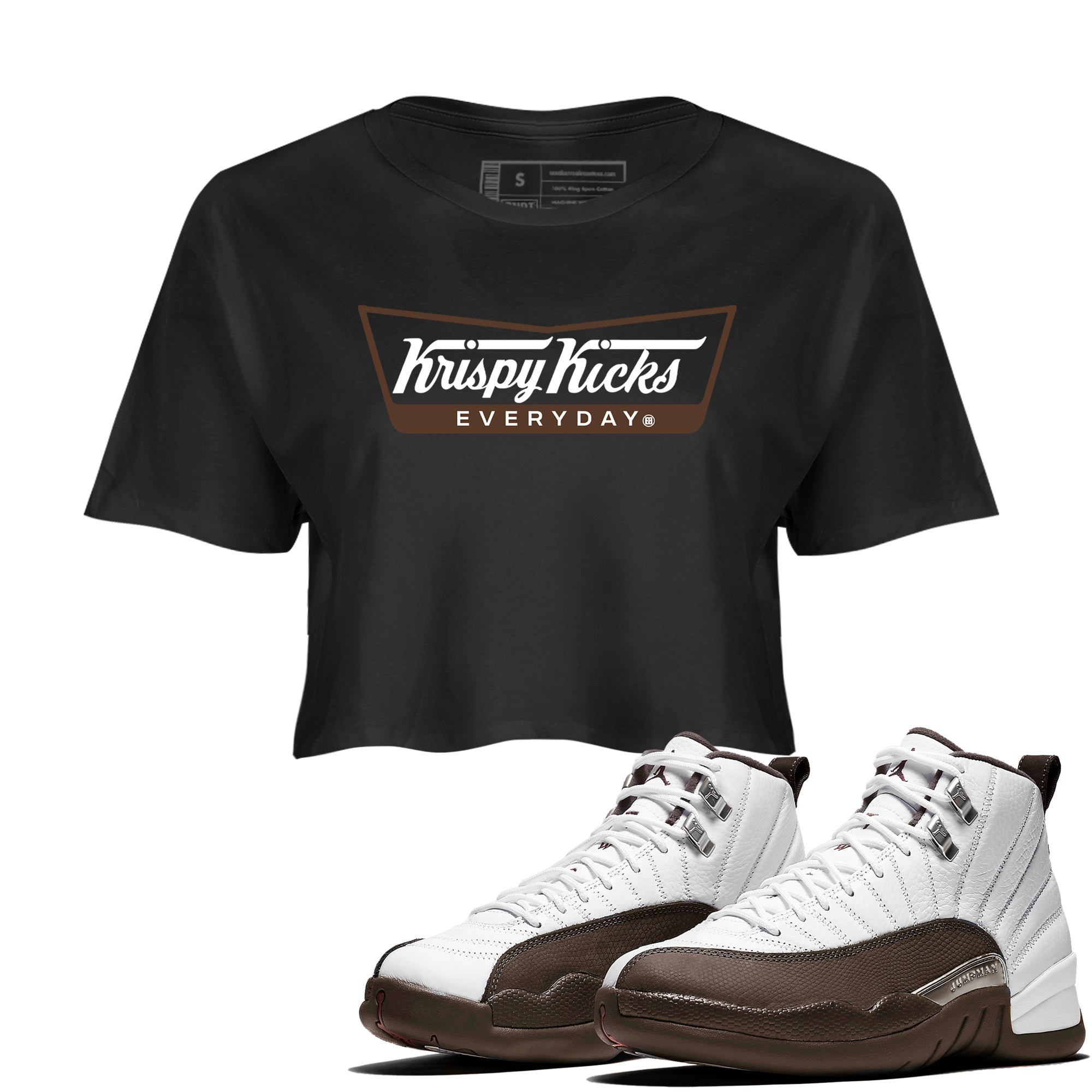 12s Baroque Brown shirts to match jordans Krispy Kicks sneaker match tees Air Jordan 12 Baroque Brown match shoes to clothes SNRT Sneaker Tees unisex cotton Black 1 crop tee