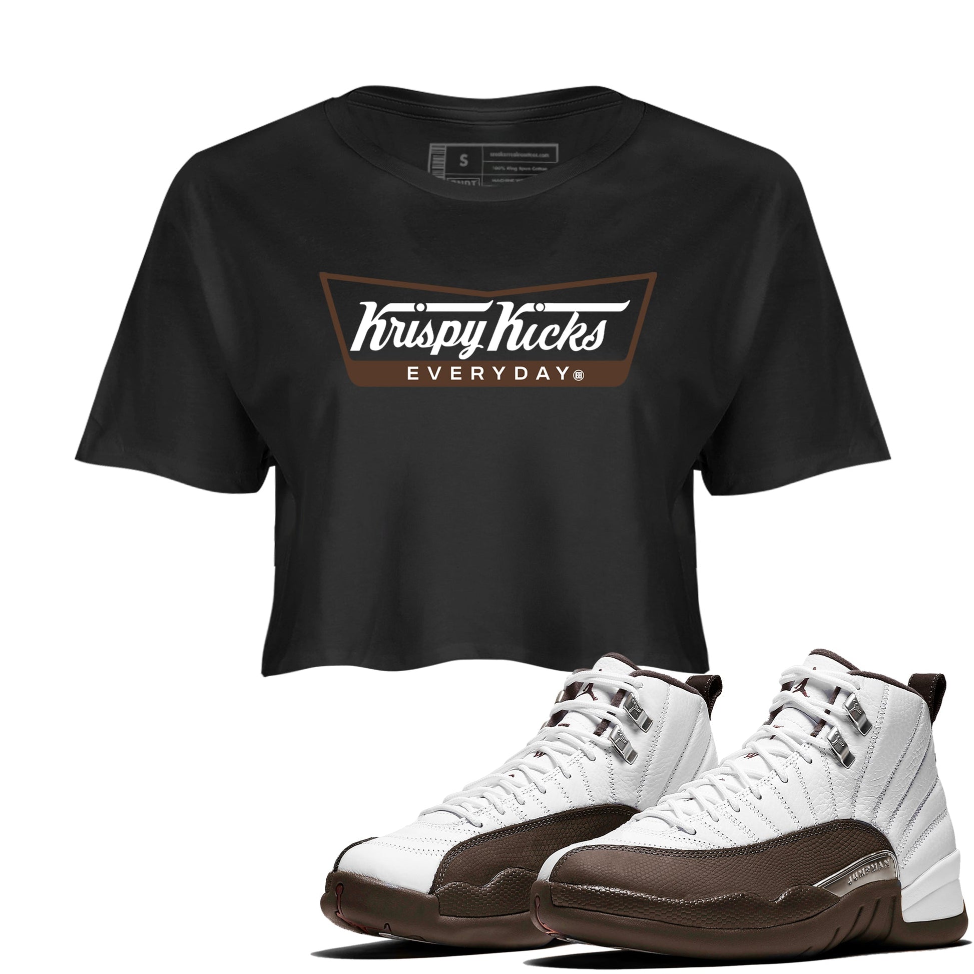 12s Baroque Brown shirts to match jordans Krispy Kicks sneaker match tees Air Jordan 12 Baroque Brown match shoes to clothes SNRT Sneaker Tees unisex cotton Black 1 crop tee