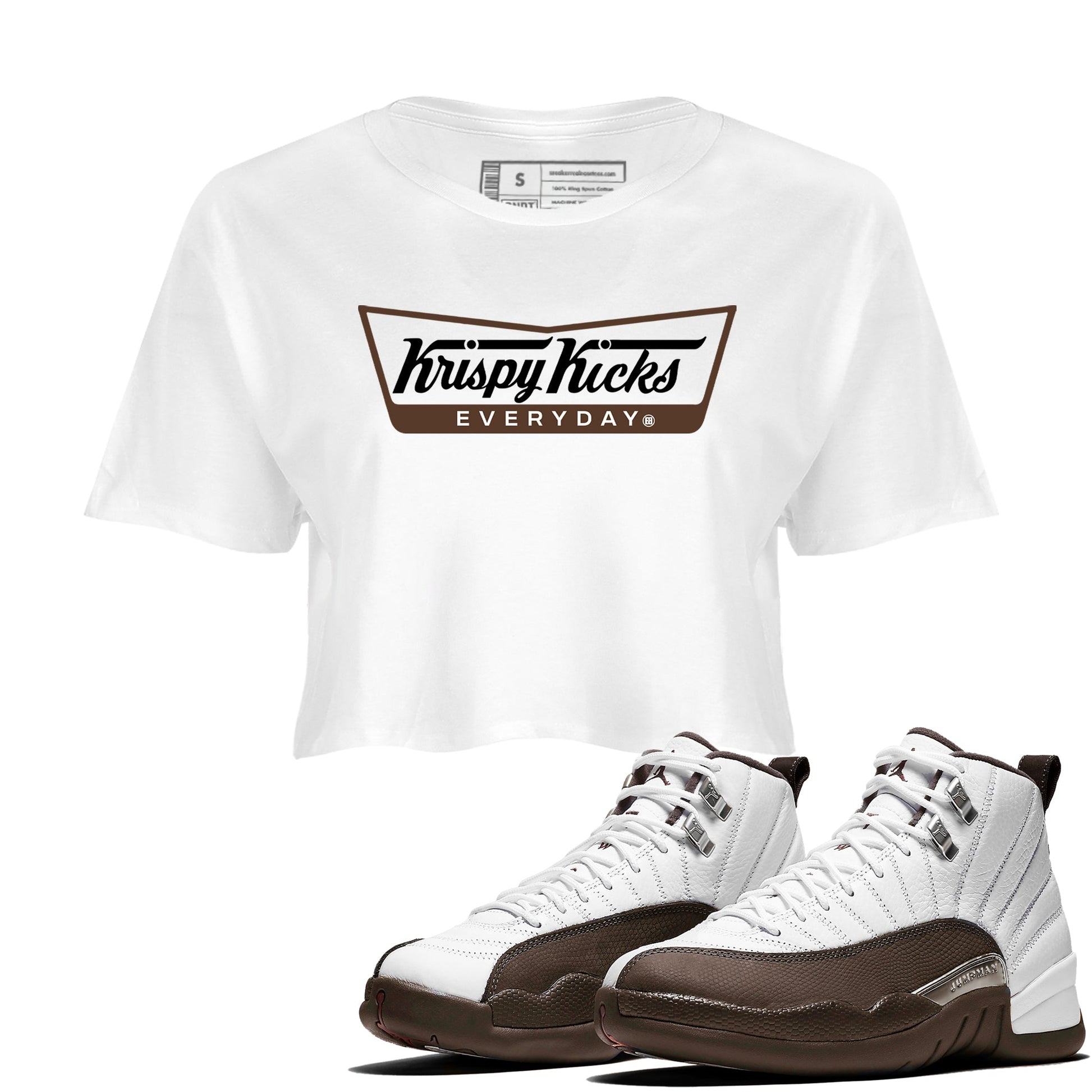 12s Baroque Brown shirts to match jordans Krispy Kicks sneaker match tees Air Jordan 12 Baroque Brown match shoes to clothes SNRT Sneaker Tees unisex cotton White 1 crop tee