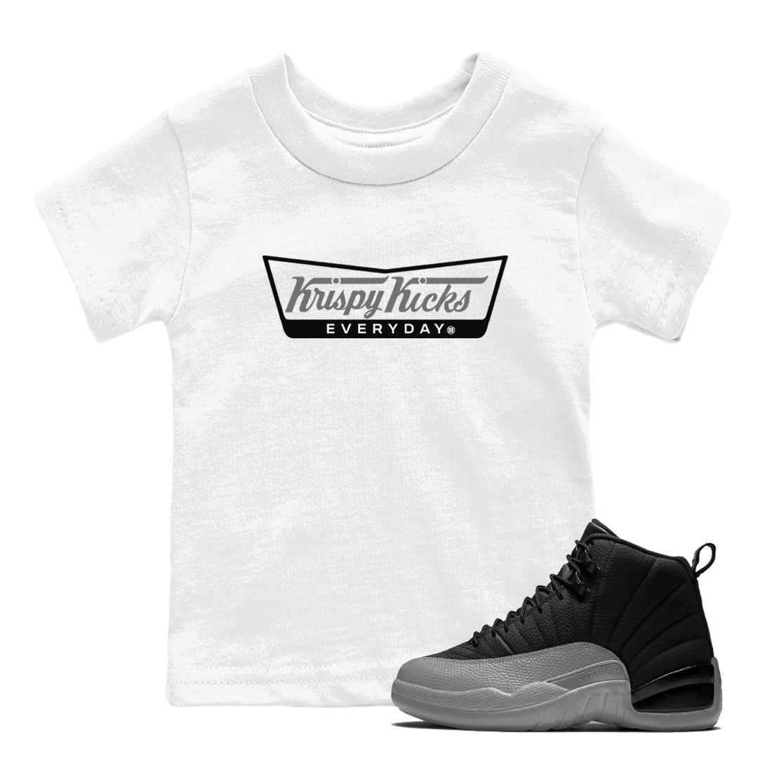 12s Black Wolf Grey shirts to match jordans Krispy Kicks sneaker match tees Air Jordan 12 Black Wolf Grey SNRT Sneaker Release Tees Youth Baby White 1 crew neck shirts