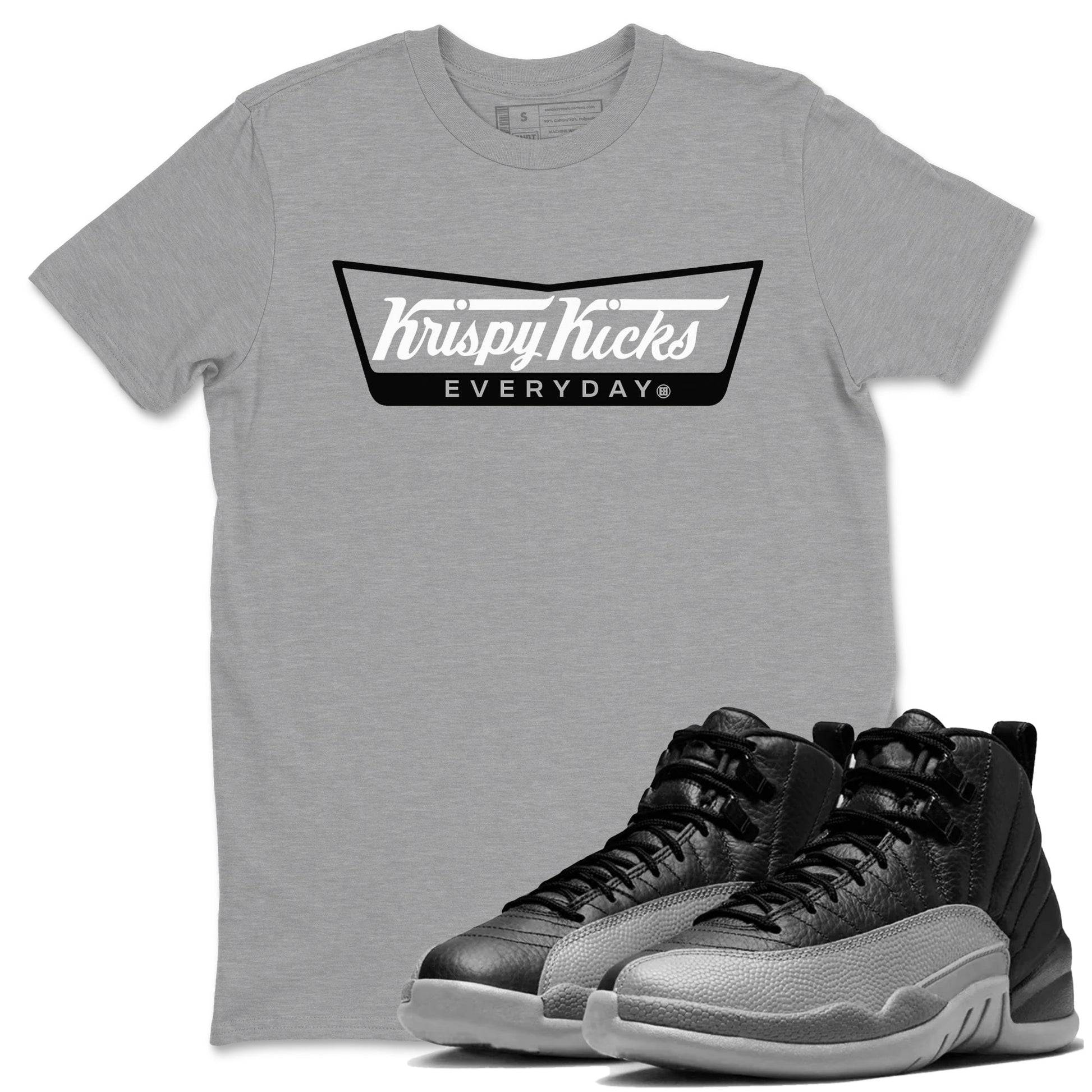 12s Black Wolf Grey shirts to match jordans Krispy Kicks sneaker match tees Air Jordan 12 Black Wolf Grey SNRT Sneaker Release Tees unisex cotton Heather Grey 1 crew neck shirts