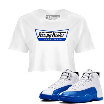 12s Blueberry shirts to match jordans Krispy Kicks best t shirts to wear with jordans AJ12 White and Game Royal match shoes to clothes SNRT Sneaker Tees unisex cotton White 1 crop tee