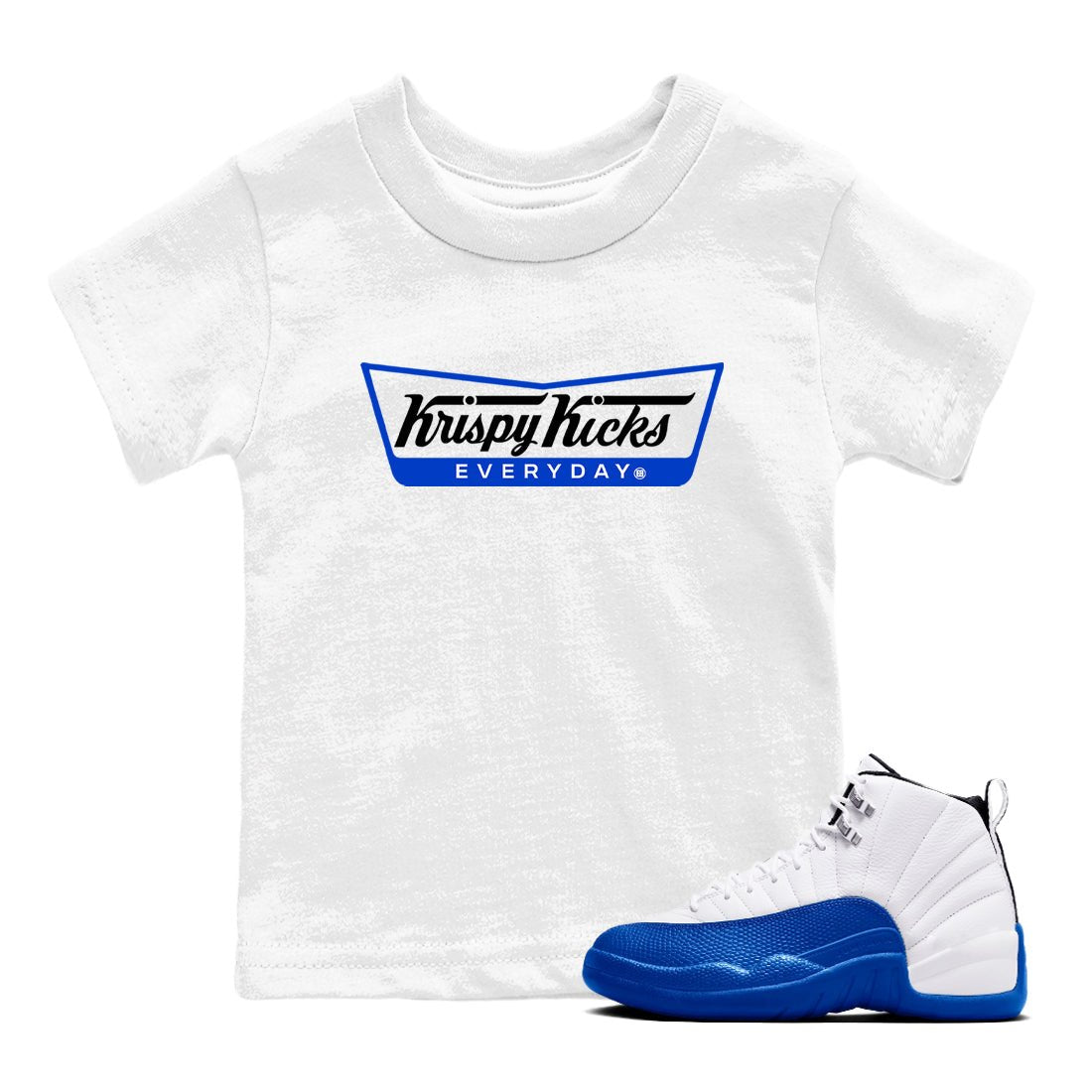 12s Blueberry shirts to match jordans Krispy Kicks best t shirts to wear with jordans AJ12 White and Game Royal match shoes to clothes SNRT Sneaker Tees Youth Baby White 1 tee