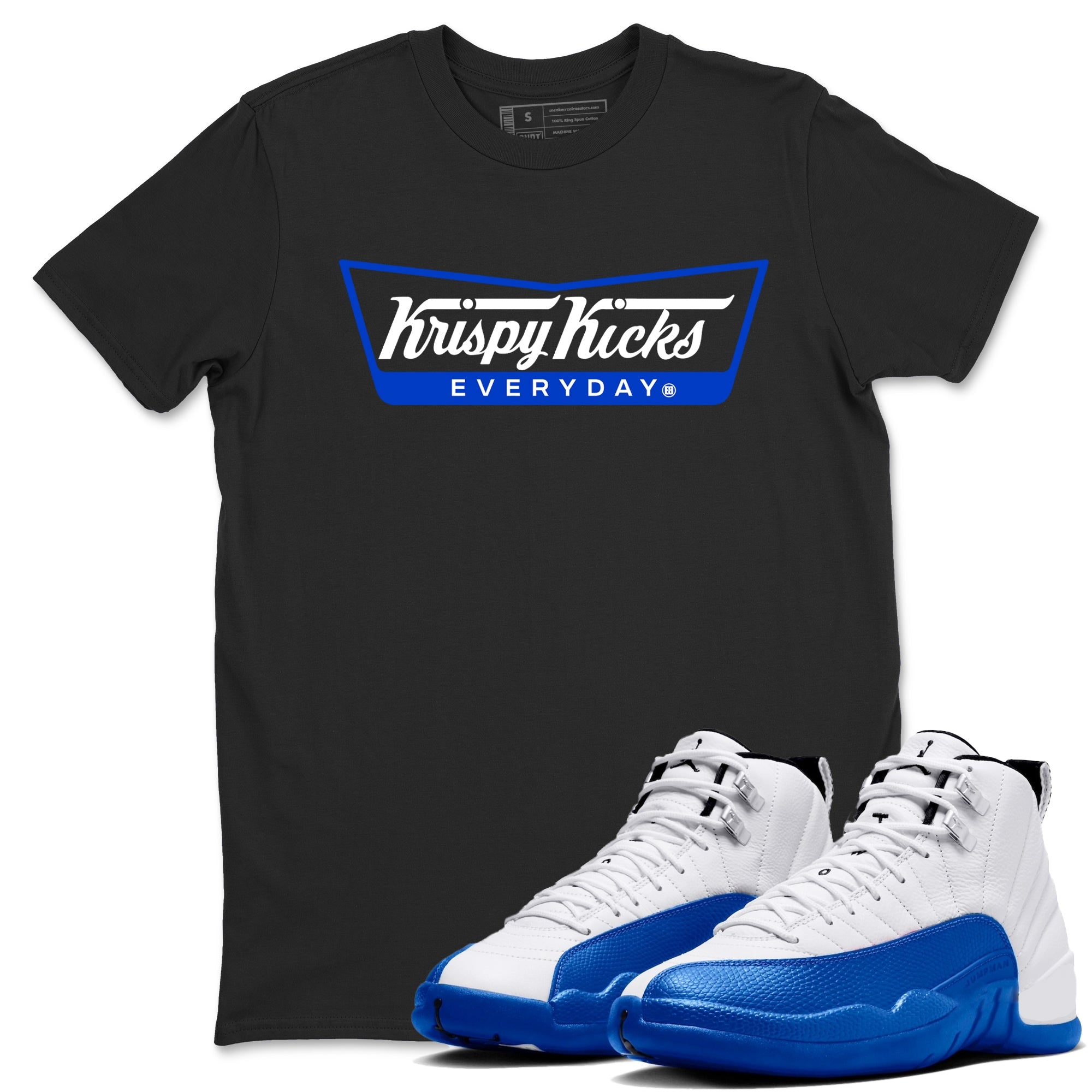 12s Blueberry shirts to match jordans Krispy Kicks best t shirts to wear with jordans AJ12 White and Game Royal match shoes to clothes SNRT Sneaker Tees unisex cotton Black 1 shirts