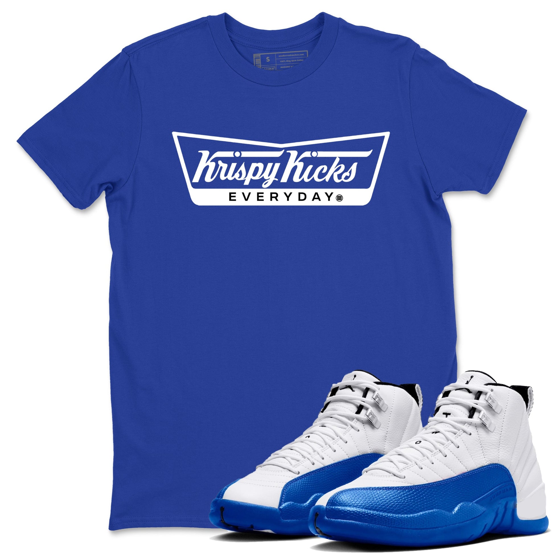 12s Blueberry shirts to match jordans Krispy Kicks best t shirts to wear with jordans AJ12 White and Game Royal match shoes to clothes SNRT Sneaker Tees unisex cotton Royal Blue 1 shirts