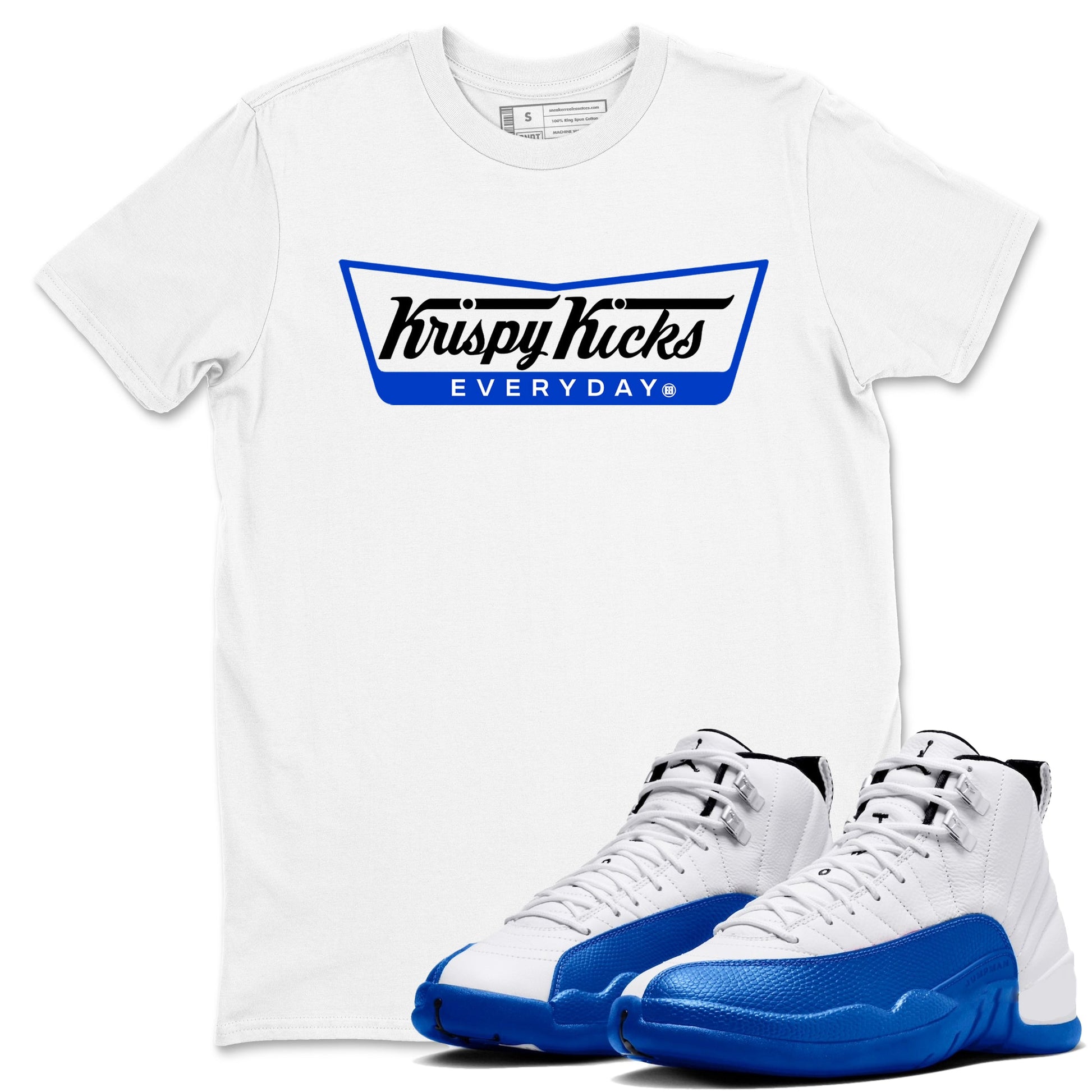 12s Blueberry shirts to match jordans Krispy Kicks best t shirts to wear with jordans AJ12 White and Game Royal match shoes to clothes SNRT Sneaker Tees unisex cotton White 1 shirts