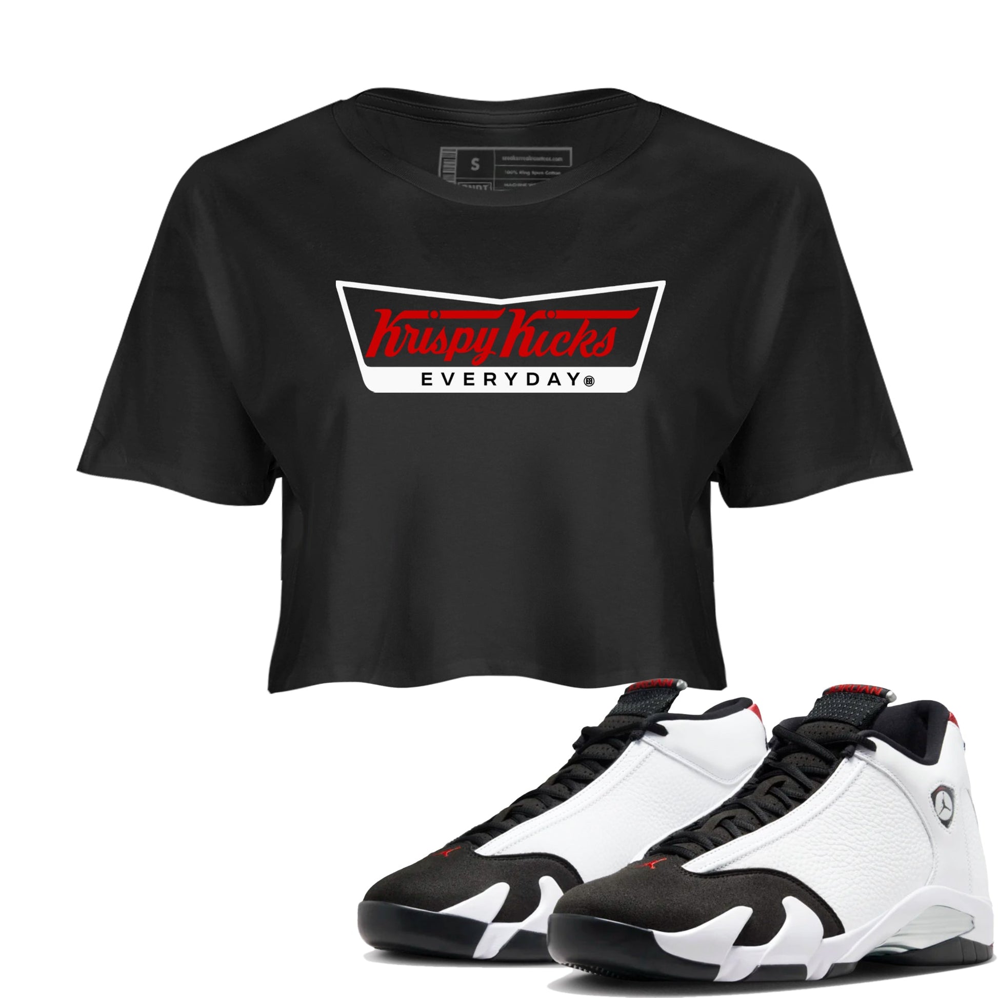 Air Jordan 14 Black Toe t shirts to match sneakers Krispy Kicks sneaker match tees 14s Black Toe sneaker match tee SNRT Sneaker Tees unisex cotton Black 1 crop tee