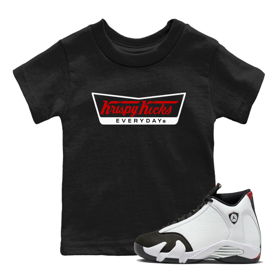 Air Jordan 14 Black Toe t shirts to match sneakers Krispy Kicks sneaker match tees 14s Black Toe sneaker match tee SNRT Sneaker Tees Youth Baby Black 1 tee