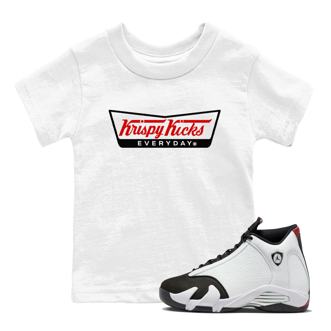 Air Jordan 14 Black Toe t shirts to match sneakers Krispy Kicks sneaker match tees 14s Black Toe sneaker match tee SNRT Sneaker Tees Youth Baby White 1 tee