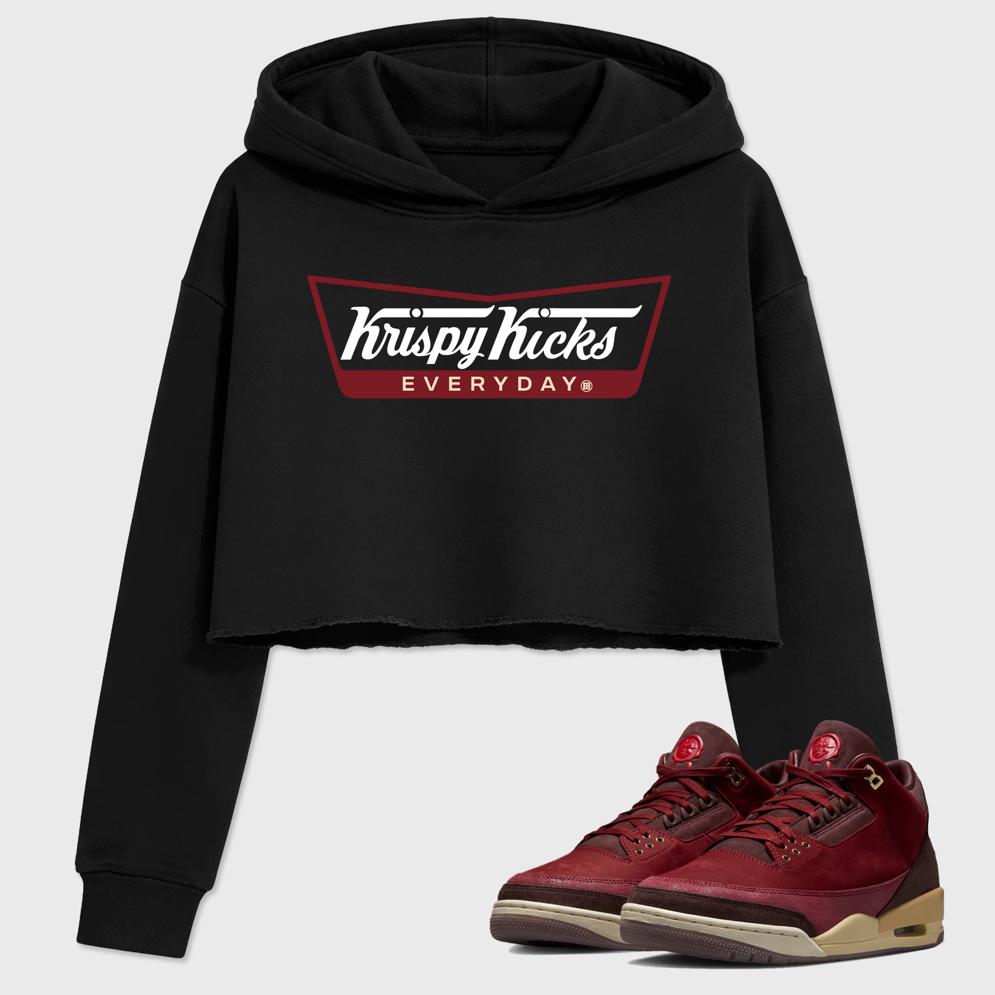 Krispy Kicks women’s crop tee designed to match the Air Jordan 3 Bin 23, featuring coordinated Black 1 options for a perfect streetwear vibe.