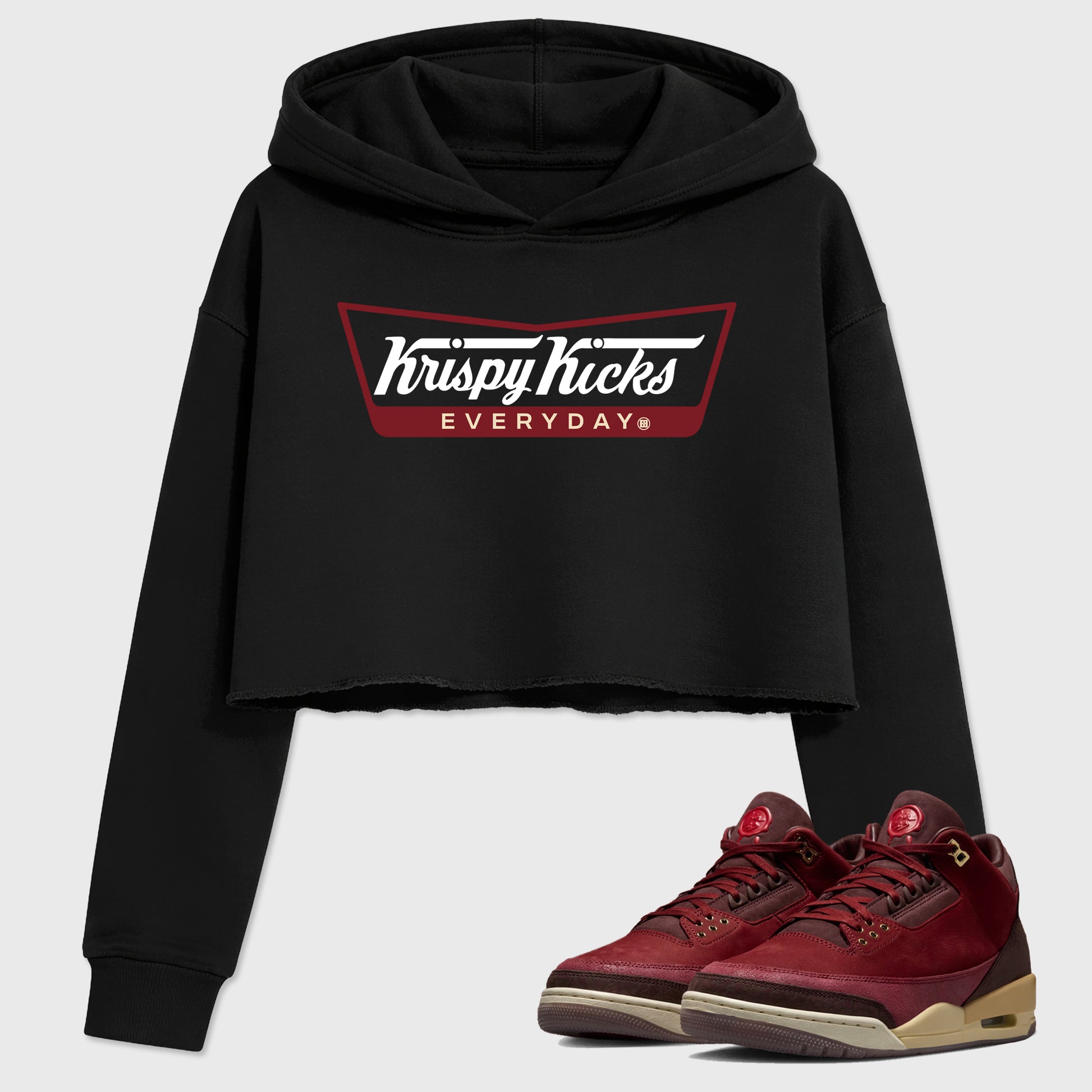 Krispy Kicks women’s crop tee designed to match the Air Jordan 3 Bin 23, featuring coordinated Black 1 options for a perfect streetwear vibe.