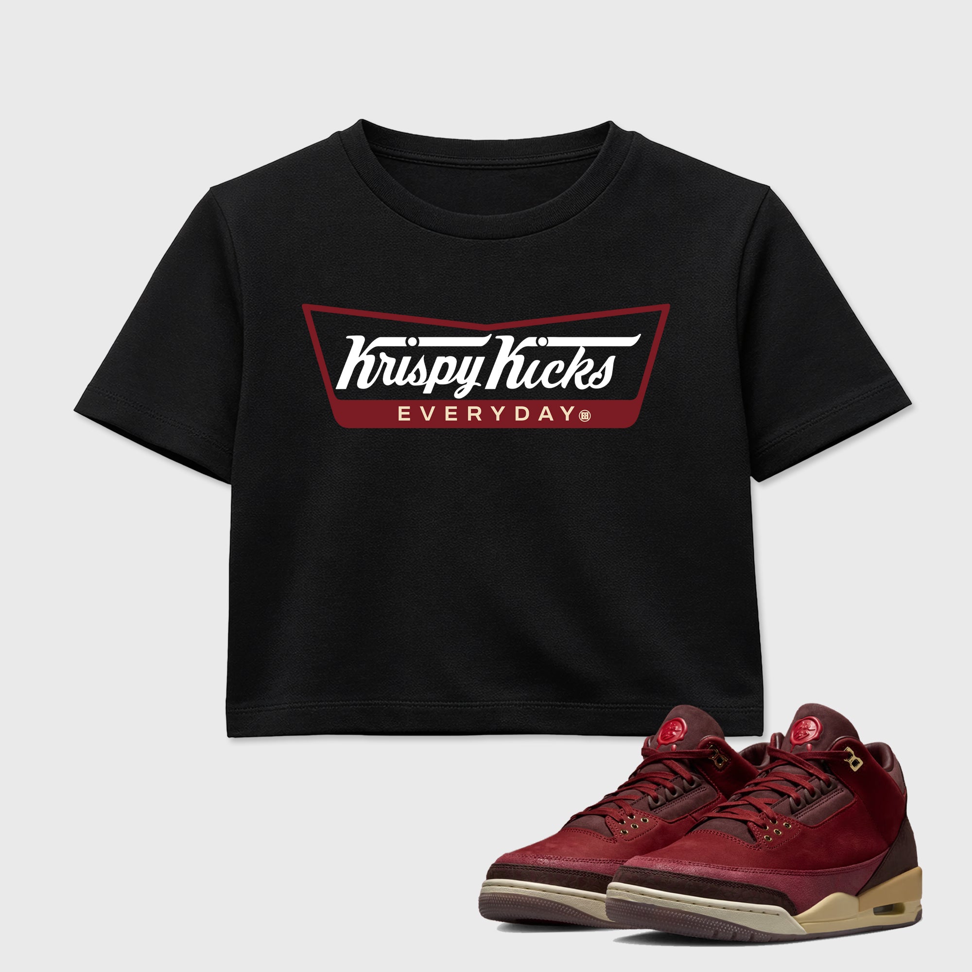 Krispy Kicks women’s crop tee designed to match the Air Jordan 3 Bin 23, featuring coordinated Black 1 options for a perfect streetwear vibe.