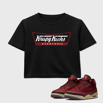 Krispy Kicks women’s crop tee designed to match the Air Jordan 3 Bin 23, featuring coordinated Black 1 options for a perfect streetwear vibe.