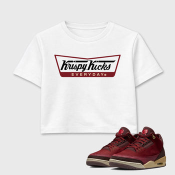Krispy Kicks women’s crop tee designed to match the Air Jordan 3 Bin 23, featuring coordinated White 1 options for a perfect streetwear vibe.