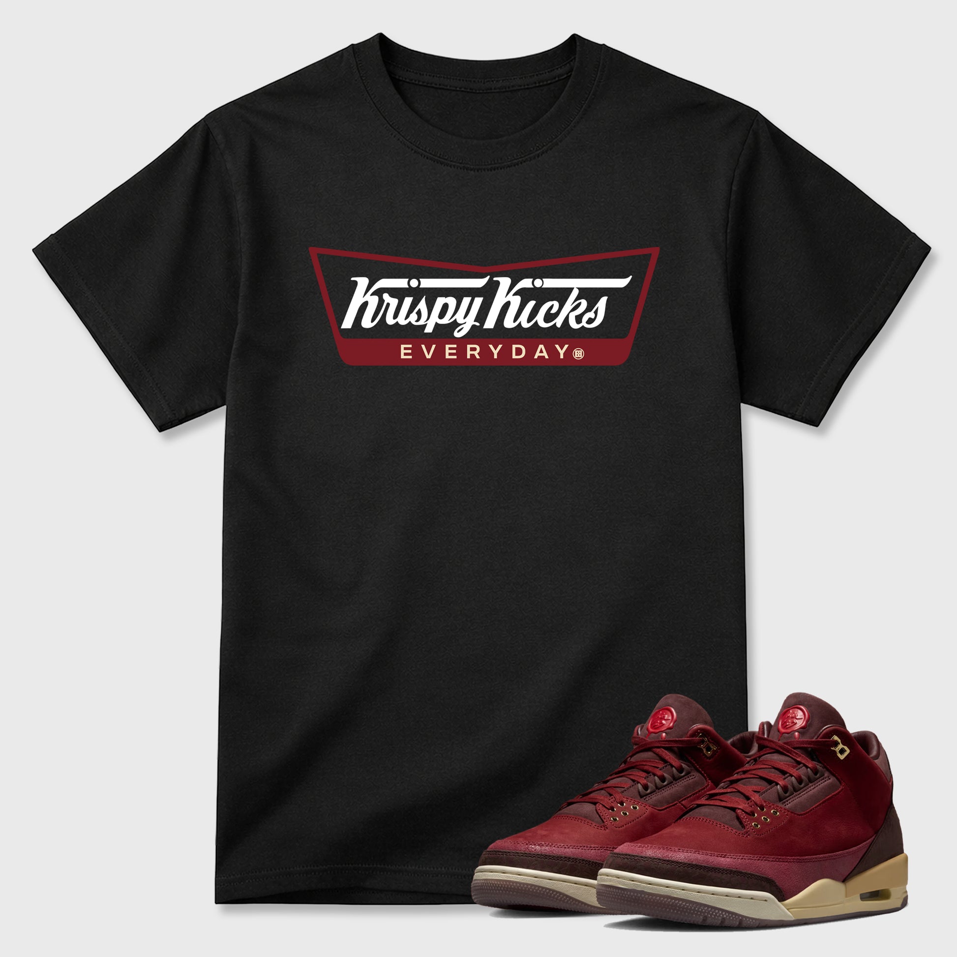 Krispy Kicks Graphic T-Shirt sneaker match tee designed for the Air Jordan 3 Bin 23, featuring coordinated color options for a perfect streetwear match. Black 1 shirt.