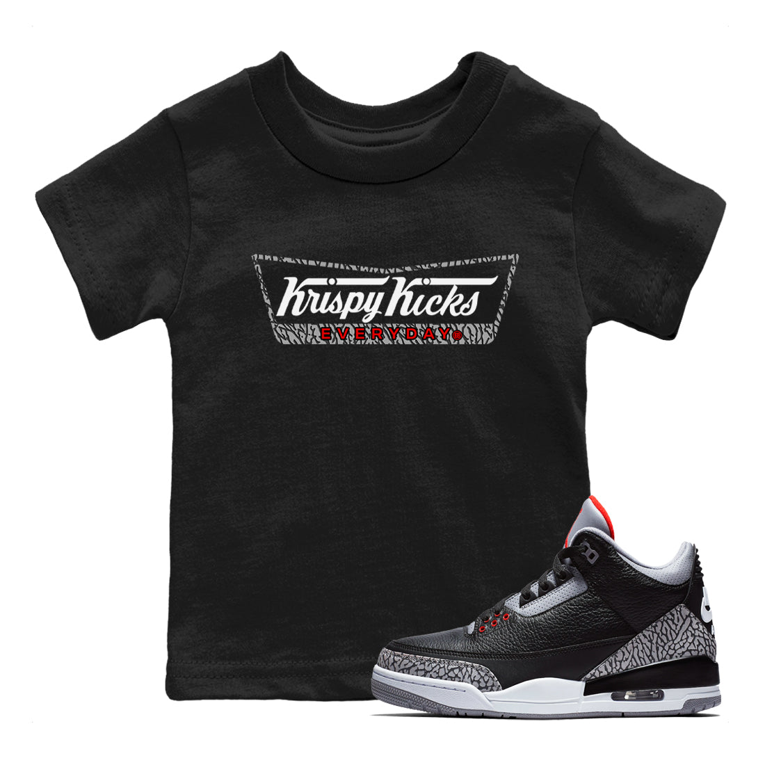 3s Black Cement shirts to match jordans Krispy Kicks sneaker match tees Air Jordan 3 Black Cement match shoes to clothes SNRT Sneaker Tees Youth Baby Black 1 tee