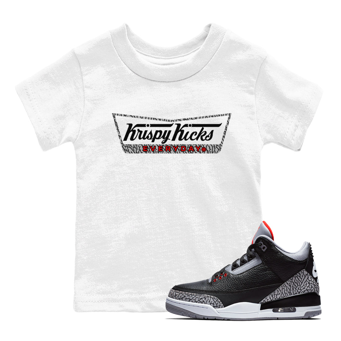 3s Black Cement shirts to match jordans Krispy Kicks sneaker match tees Air Jordan 3 Black Cement match shoes to clothes SNRT Sneaker Tees Youth Baby White 1 tee